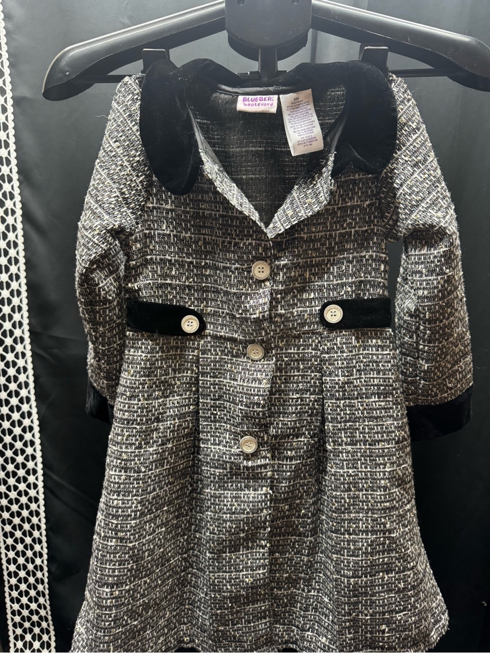 Blueberi Boulevard Black and White Tweed Velvet-Trim Girls Coat